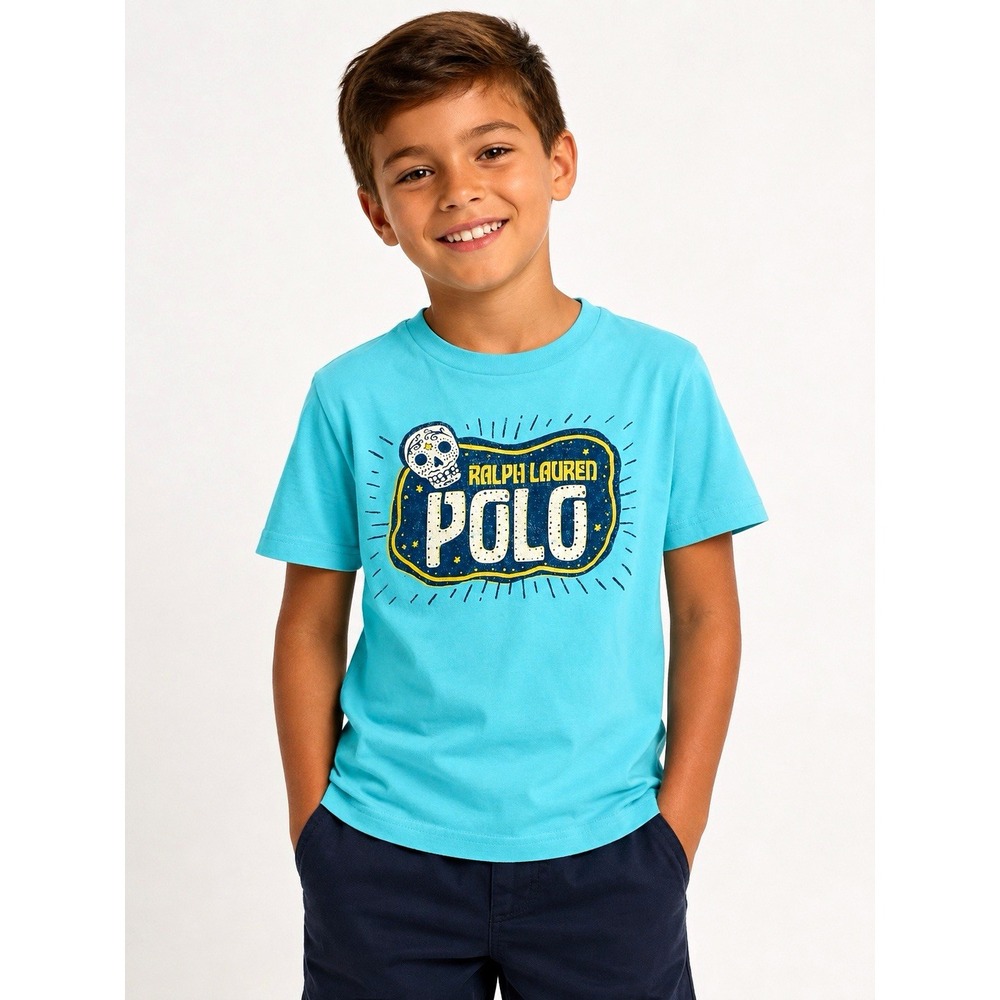 Polo Ralph Lauren Boys Aqua Blue Skull Logo Graphic T-Shirt Size 10 Medium